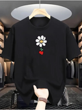 Men's T-Shirt Simple Embroidered Daisy With Red Heart Centered Flower