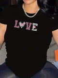 Women's T-Shirt Love Pink Polka Dot Patterns With Artistic Striped Letter Heart