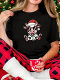 Women's T-Shirt Christmas Lights With Candy Cane Festive Santa Hat Cow