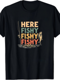 Men's T-Shirt Here Fishy Fishy Fishy With Jumping Bass Beside Water Surface