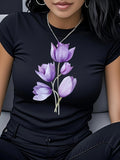 Women's T-Shirt Elegant Purple Tulips Blooming With Lush Green Stems In Spring Flower