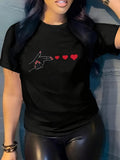 Women's T-Shirt Minimalist Line Hand Art With Three Red Hearts