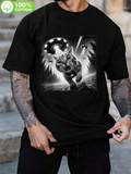 Men's T-Shirt Surreal Night Scene With UFO Light Beams Chasing Running Cat