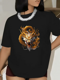 Women's T-Shirt Fiery Golden Flames Encircling Roaring Mythical Dragon Head