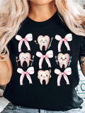 Women's T-Shirt Cute Smiling Teeth Among Pink Ribbons And Toothbrush Cartoon Tooth
