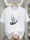Men's T-Shirt Realistic Ink Styled Bird Soaring With Outstretched Wings Above Peaceful White T Shirt