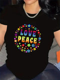 Women's T-Shirt Love Peace Colorful Groovy Flowers And Peace Symbols With Bold Circle