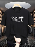 Men's T-Shirt God Is Good With Shining White Cross And Bold Statement Black Shirt