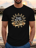 Men's T-Shirt Happy New Year 2026 Gold And White Fireworks With Festive Ribbon Celebration