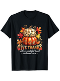 Men's T-Shirt Give Thanks With Autumn Foliage And Stacked Festive Painted Pumpkin