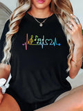 Women's T-Shirt Rainbow Musical Notes With Colorful Heartbeat Wave Design Heart