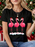 Women's T-Shirt Festive Trio Of Pink Flamingos Wearing Santa Hats Standing Together Flamingo
