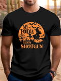 Men's T-Shirt My Poodle Rides Shotgun Witch Hat With Full Moon Bats And Trees