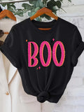 Women's T-Shirt Boo Bright Neon Pink Letters With Fun Artistic Edges On Black Tee