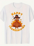 Men's T-Shirt Happy Thanksgiving Cute Cartoon Turkey With Autumn Leaves And Pilgrim Hat Turkey