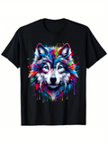 Men's T-Shirt Vivid Neon Splashes And Colorful Paint Strokes On Fierce Majestic Wolf