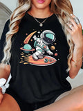 Women's T-Shirt Outer Space Adventure With Colorful Planets And Rocket Riding Astronaut