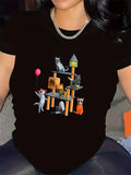Women's T-Shirt Playful Cats With Balloons Among Colorful Cat Tree Tower