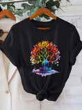 Women's T-Shirt Rainbow Watercolor Landscape With Meditating Person Under Colorful Tree