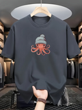 Men's T-Shirt Chilly Weather Cartoon Octopus Wearing Cozy Winter Hat