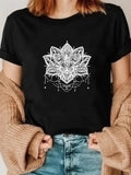 Women's T-Shirt Intricate White Ornamental Linework Mandala Lotus Blossom Design Lotus