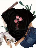 Women's T-Shirt Delicate Pink Roses Tied With Ribbon On Elegant Black T Shirt