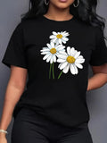 Women's T-Shirt Three White Daisies With Lush Green Stems Blooming Against Black T Shirt