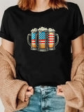 Women's T-Shirt American Flag Foamy Beer Mugs With Sparkling Festive Details Frosty Beverage