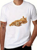 Men's T-Shirt Peaceful Orange Cat Lying Comfortably On Soft White Fabric Cat