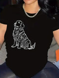 Women's T-Shirt Abstract Line Drawing Featuring Fluffy Sitting Pet Dog