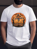 Men's T-Shirt Halloween Pumpkin Face And Scarecrow Surrounded By Bats Under Full Moon
