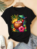 Women's T-Shirt Tropical Leaves With Fresh Fruit And Pink Hibiscus Coconut