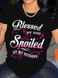 Women's T-Shirt Blessed By God Spoiled By My Husband Pink Hearts With Elegant Scrollwork Typography