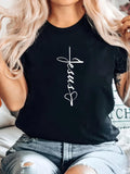 Women's T-Shirt Handwritten Script Cross With Flowing Lettering Jesus