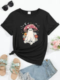 Women's T-Shirt Cute Ghost Under Red Mushroom Surrounded By Flowers And Night Sky