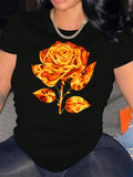Women's T-Shirt Vivid Orange Golden Petal Flower Shining On Black T Shirt Rose