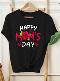 Women's T-Shirt Happy Moms Day With Pink Roses And Red Hearts Lettering