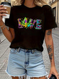 Women's T-Shirt Colorful Psychedelic Graphic Print With Rainbow Patterned Marijuana Leaf