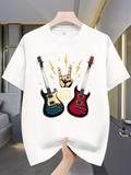 Men's T-Shirt Rock Hand Symbol With Two Electric Guitars Surrounded By Lightning Bolts