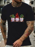 Men's T-Shirt Festive Holiday Lights With Three Colorful Gnomes Under Night Sky Gnome