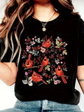 Women's T-Shirt Vibrant Blossoms With Red Birds Perched Among Springtime Flowers Cardinal