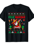 Men's T-Shirt Feliz Navidad Festive Santa With Maracas And Cactus Surrounded By Colorful Hats