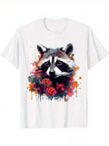 Men's T-Shirt Colorful Watercolor Blossoms With Dramatic Brush Strokes Surrounding Raccoon Face