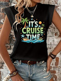 Women's T-Shirt Its Cruise Time Tropical Palm Beach With Stars Sunset Waves And Boat