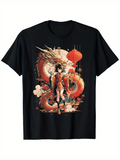Men's T-Shirt Elegant Lantern Light With Fierce Red Dragon Behind Anime Girl