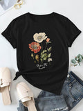 Women's T-Shirt Botanical Flowers In Bloom With Vivid Natural Greenery On Black Shirt Floral Bouquet