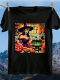 Men's T-Shirt Colorful Kitchen With Pumpkins Black Cat And Halloween Witch