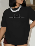 Women's T-Shirt Playful Whiskers Peeking With Curious Eyes Adorable Black Cat