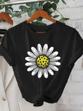 Women's T-Shirt Playful Summer Vibe Daisy With Polka Dot Center Bloom On Black Shirt