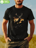 Men's T-Shirt Golden Sunset Landscape With Majestic Antlers Standing Gently Proud Stag Deer